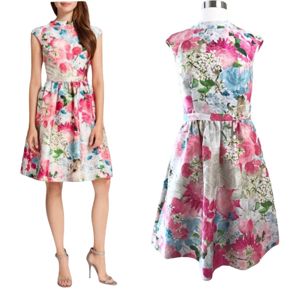 CYNTHIA STEFFE Floral Print Dress Jacquard Pink Peony Cocktail Fit & Flare 6 NWT
